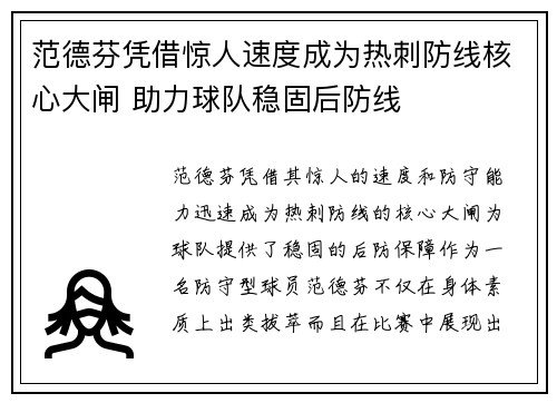 范德芬凭借惊人速度成为热刺防线核心大闸 助力球队稳固后防线 范德芬凭借惊人速度成为热刺防线核心大闸 助力球队稳固后防线